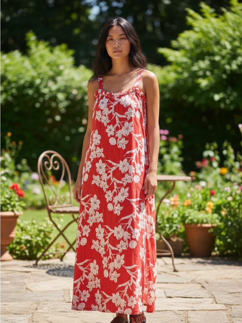 Red Floral Maxi Sundress with White Flower Print